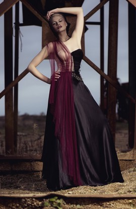 Silk tulle, corseted dress with leather