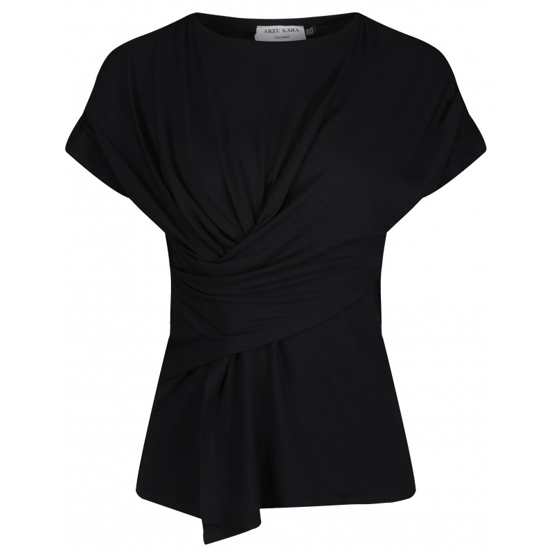 Black draped jersey Arzu Kara Top with over the shoulder sleeves