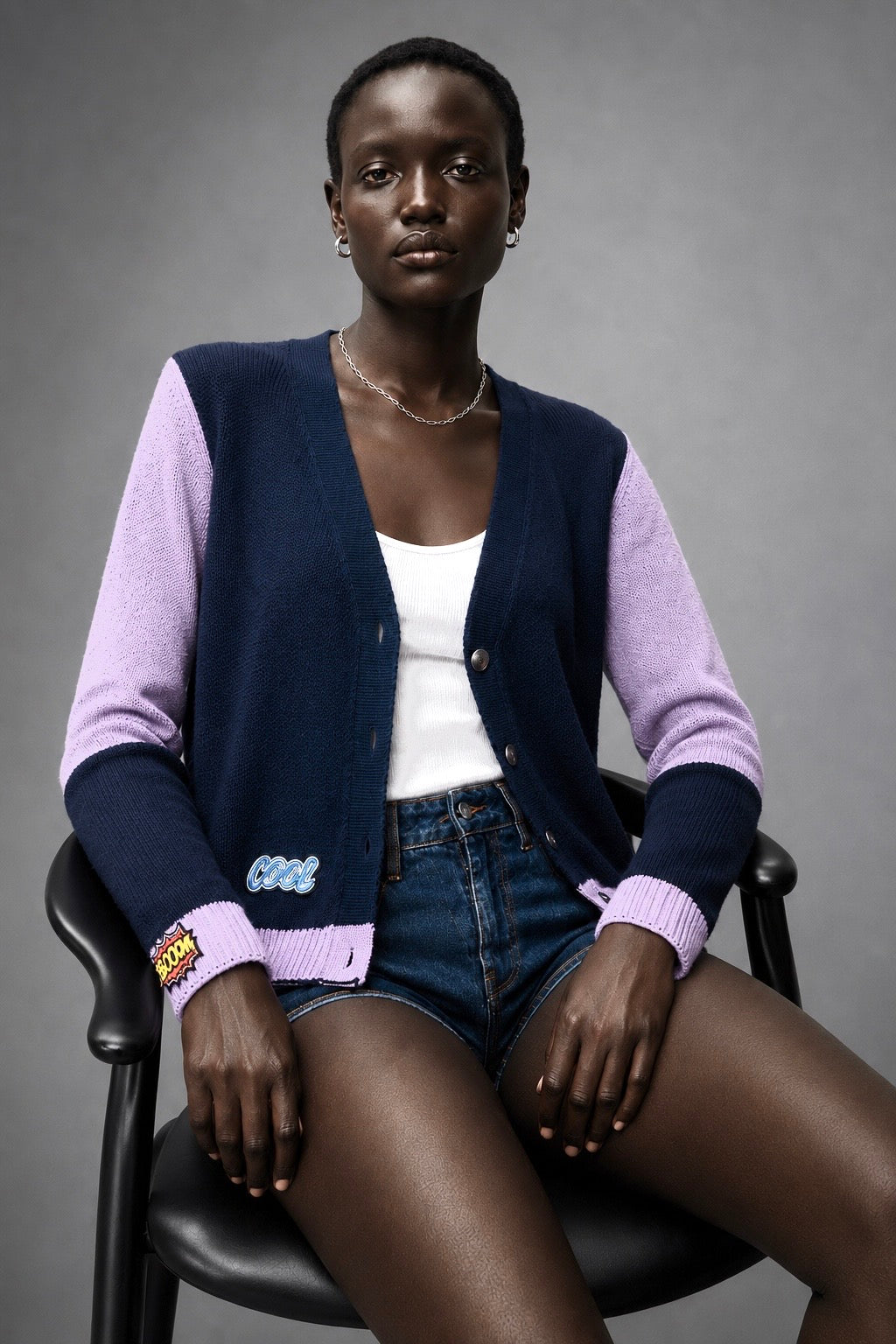 Lilac Silk & Navy Cotton hand made cardigan With appliqué