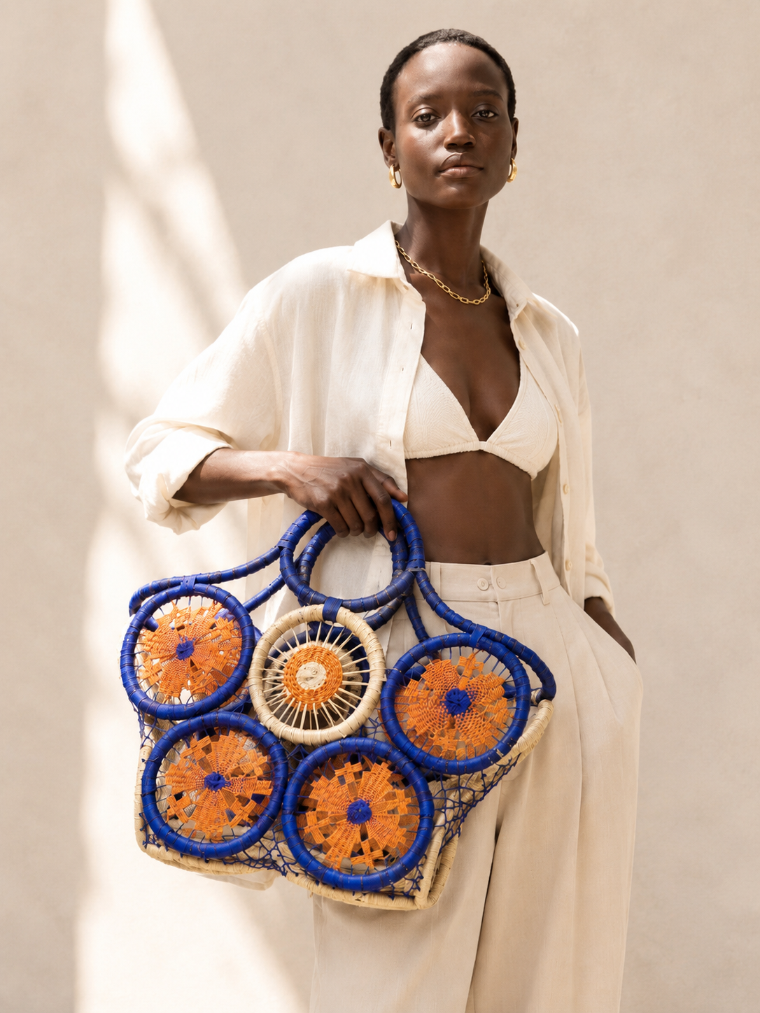 Toliara Handwoven Straw Tote Bag Persimmon & Indigo