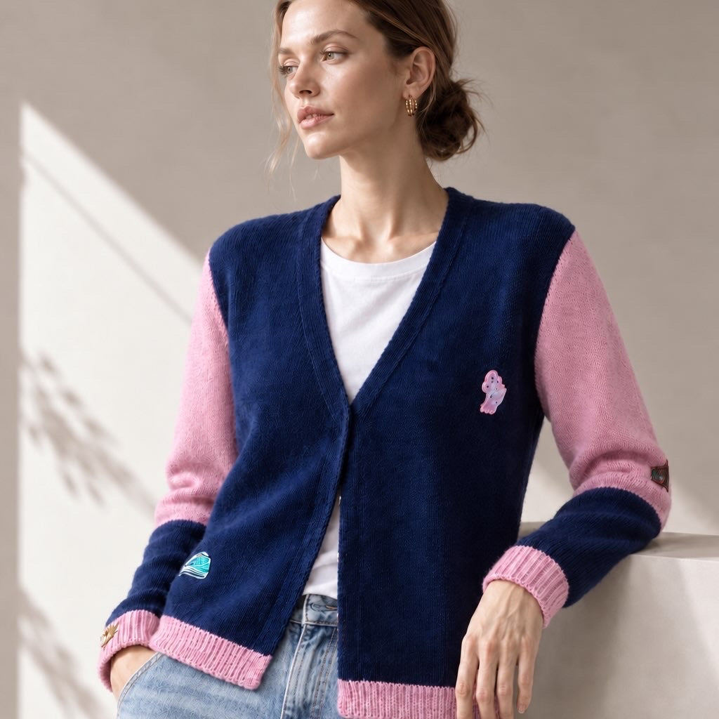 Lilac Silk & Navy Cotton hand made cardigan With appliqué