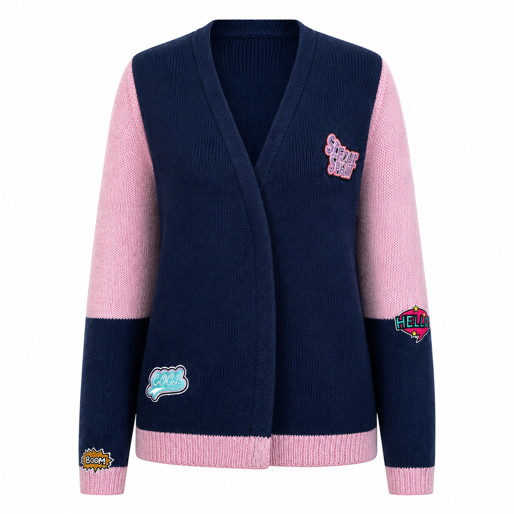 Lilac Silk & Navy Cotton hand made cardigan With appliqué