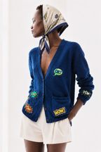 Şeyma organic cotton, silk navy cardigan with comic patches