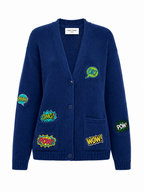 Şeyma organic cotton, silk navy cardigan with comic patches