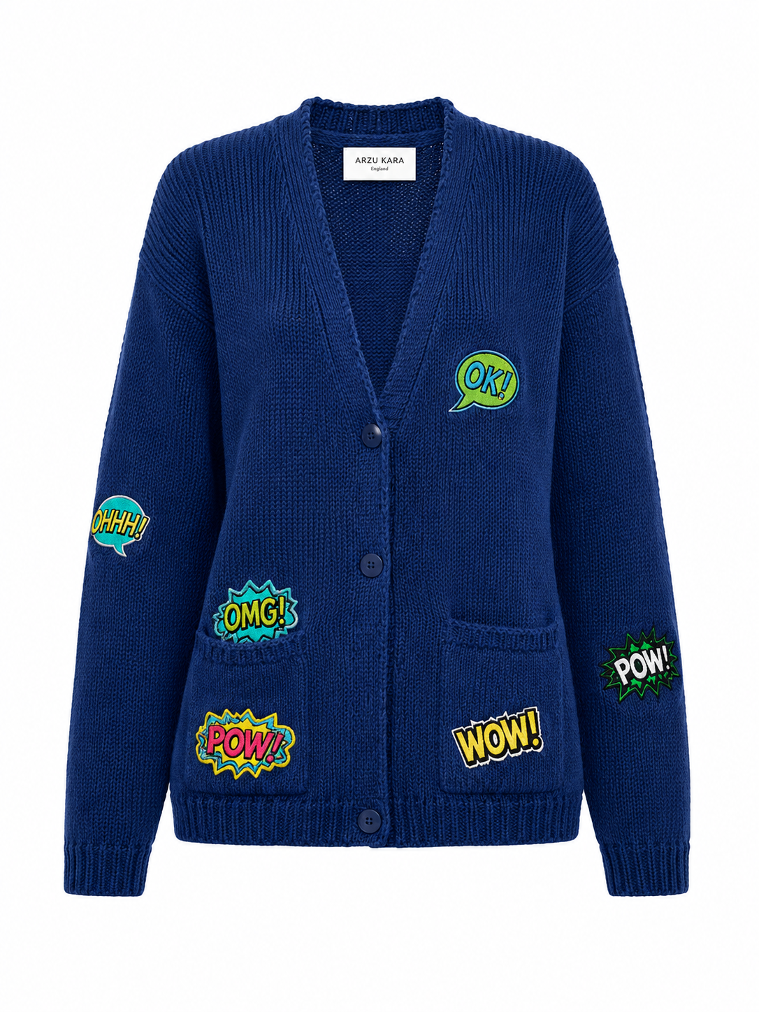 Şeyma organic cotton, silk navy cardigan with comic patches