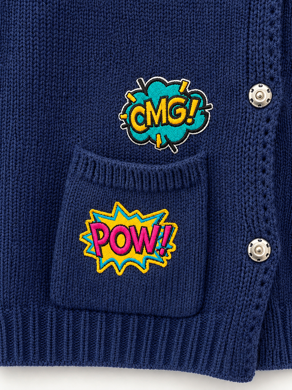 Şeyma organic cotton, silk navy cardigan with comic patches