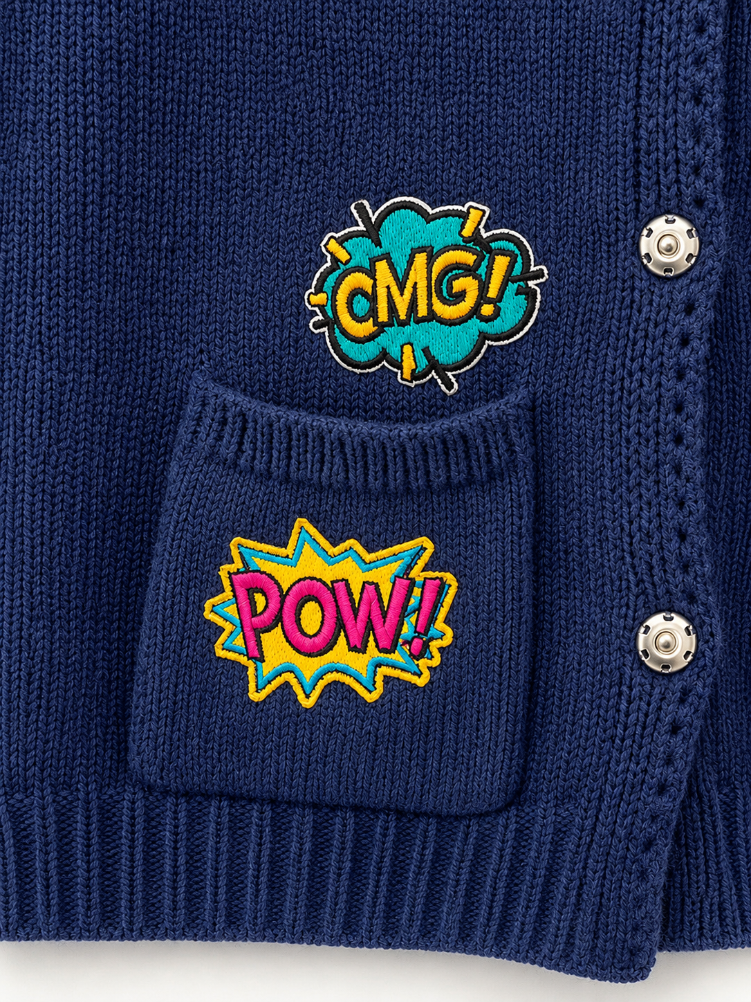 Şeyma organic cotton, silk navy cardigan with comic patches