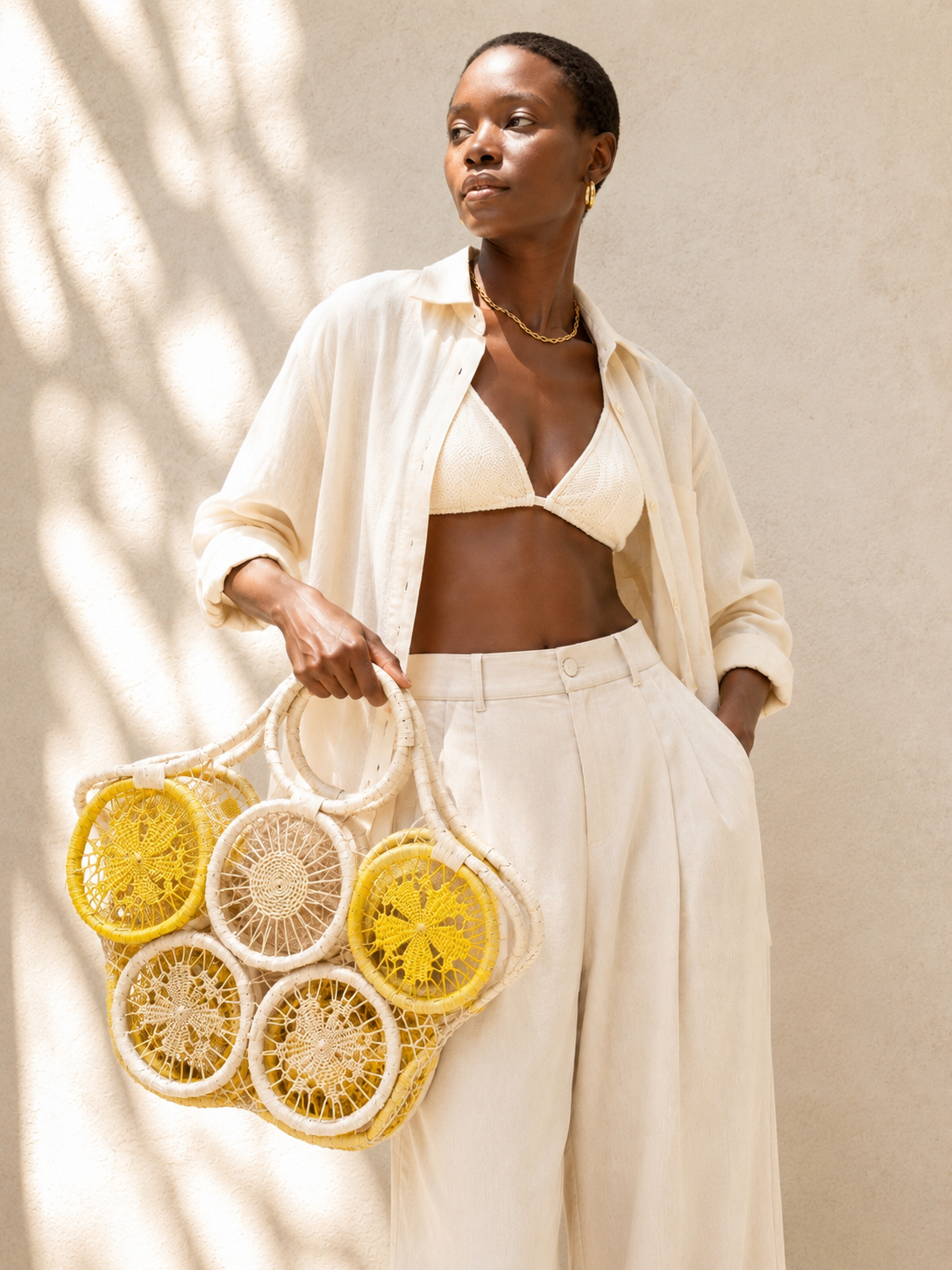 Volana Handcrafted Circular Weave Tote – Sunflower & Natural