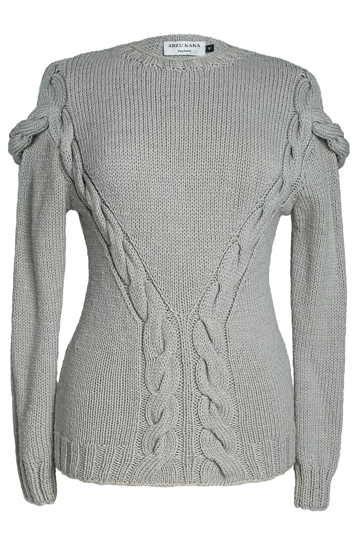 Eira Grey Cable Knit jumper hand knitted in merino wool