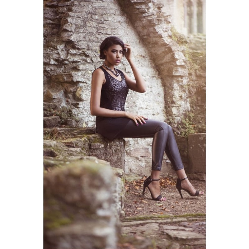 Alex sequin panel jersey top in Black