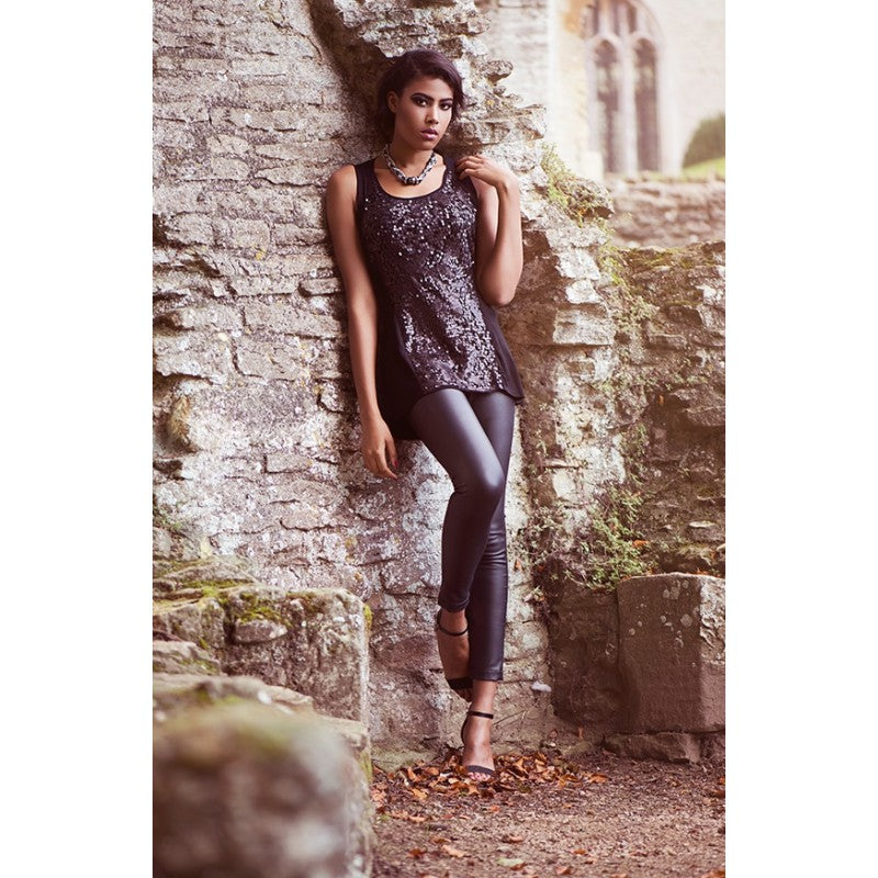 Alex sequin panel jersey top in Black