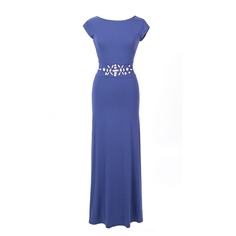 Annette, long maxi dress in navy with sleeves and back detail