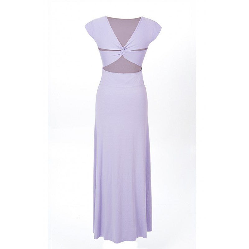 Annette, long maxi dress in lilac with sleeves and back detail
