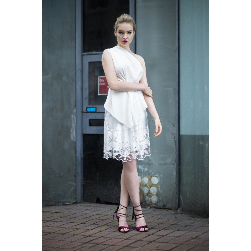 Asymmetric one shoulder top in ivory silk