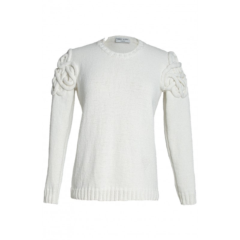 Helen Cotton Jumper – Hand-Knitted with Ornate Shoulder Detail