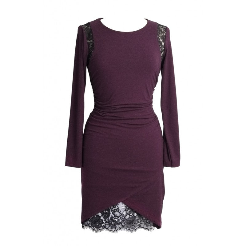 Kara jersey irregular hem dress with lace underskirt