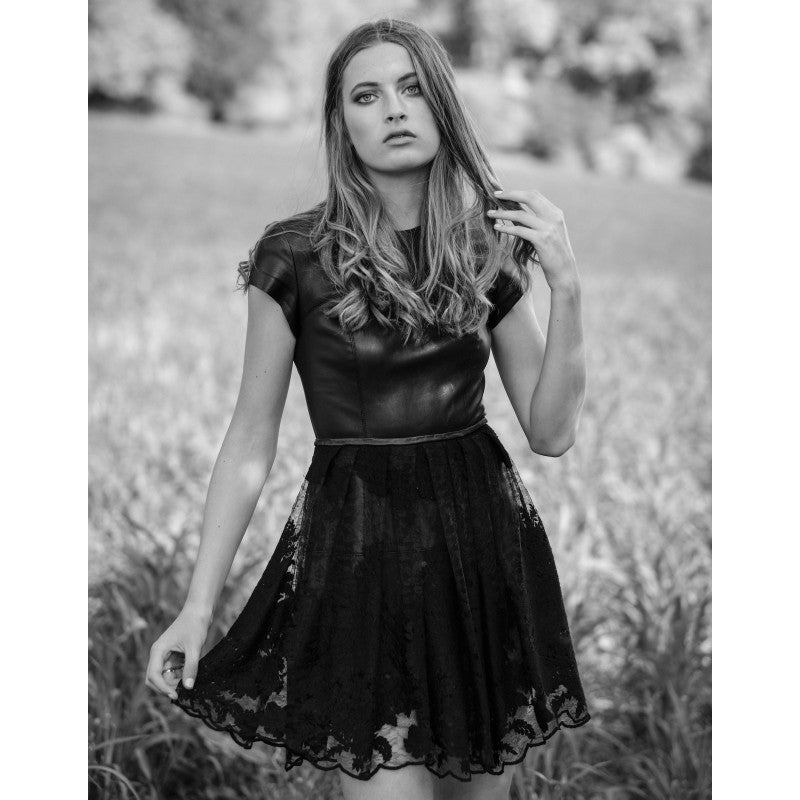 Mila lace and leather dress in black