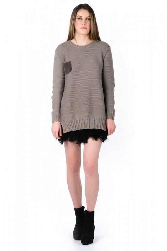Ottilie Organic Cotton Jumper in Stone with suede elbow patches