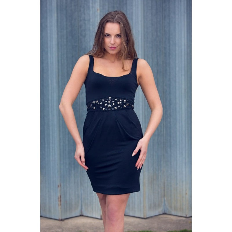 Silk jersey cocktail dress with swarovski crystals