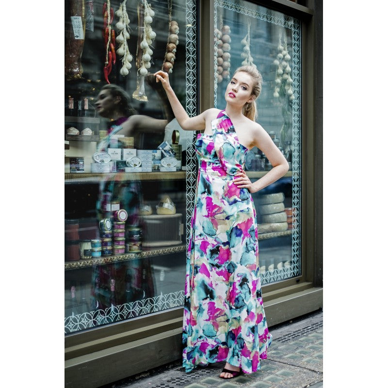 St Tropez, Silk cotton print dress with leather straps