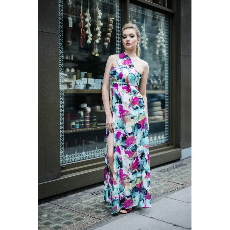 St Tropez, Silk cotton print dress with leather straps